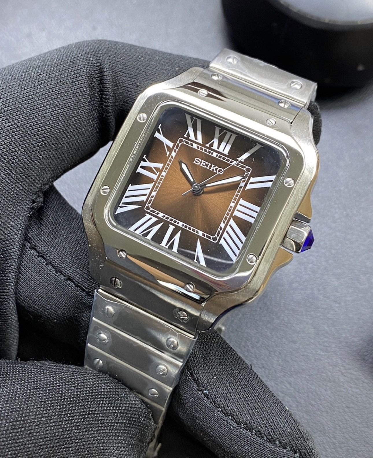 Seiko Mod Santos Brown Roman Dial Steel Watch NH35 41mm