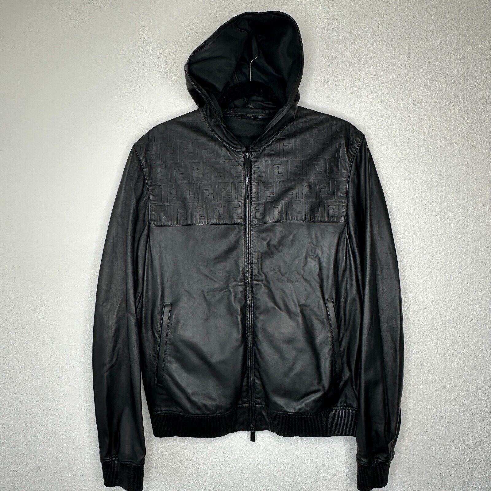 Fendi Fendi Black Leather Embossed Monogram Front Hooded Jacket Size US L / EU 52-54 / 3 - 5 Thumbnail