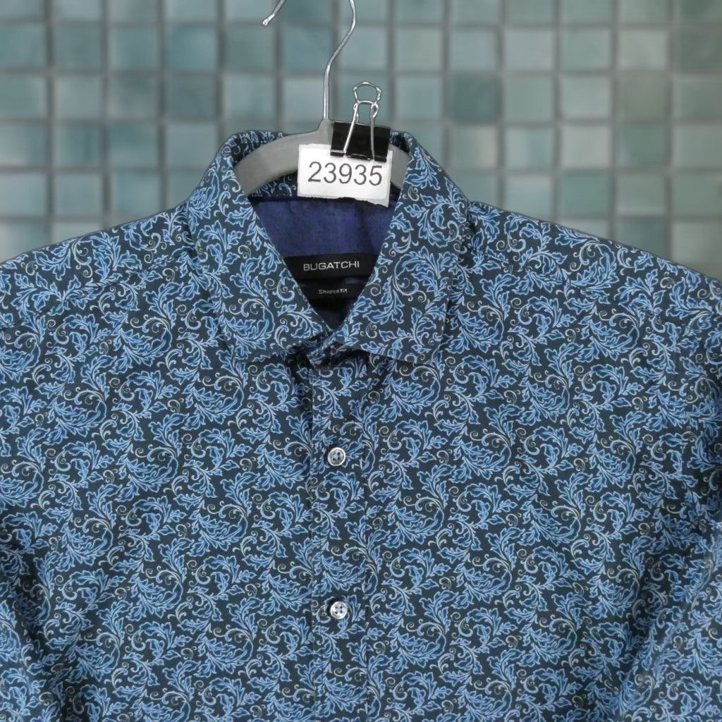 BUGATCHI Shirt Mens S Shaped Fit Long Sleeve Button Up Blue Floral Shirt