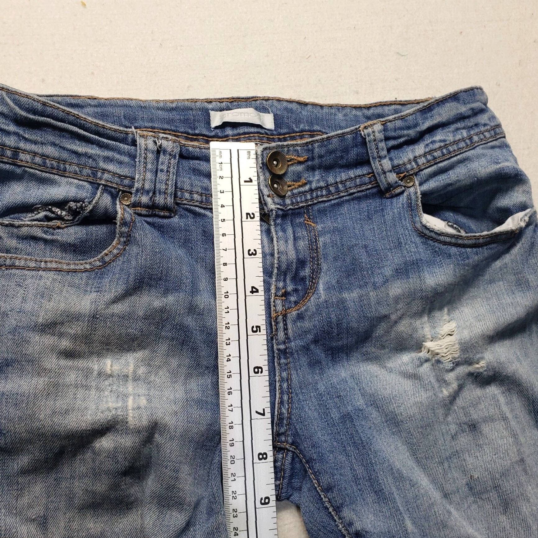 Denime Promod Jeans Adult Women Size 12 Blue Denim Distressed Stretch Low Rise 5-Pocket Straight Womens Size 34" / US 12 / IT 48 - 5 Thumbnail