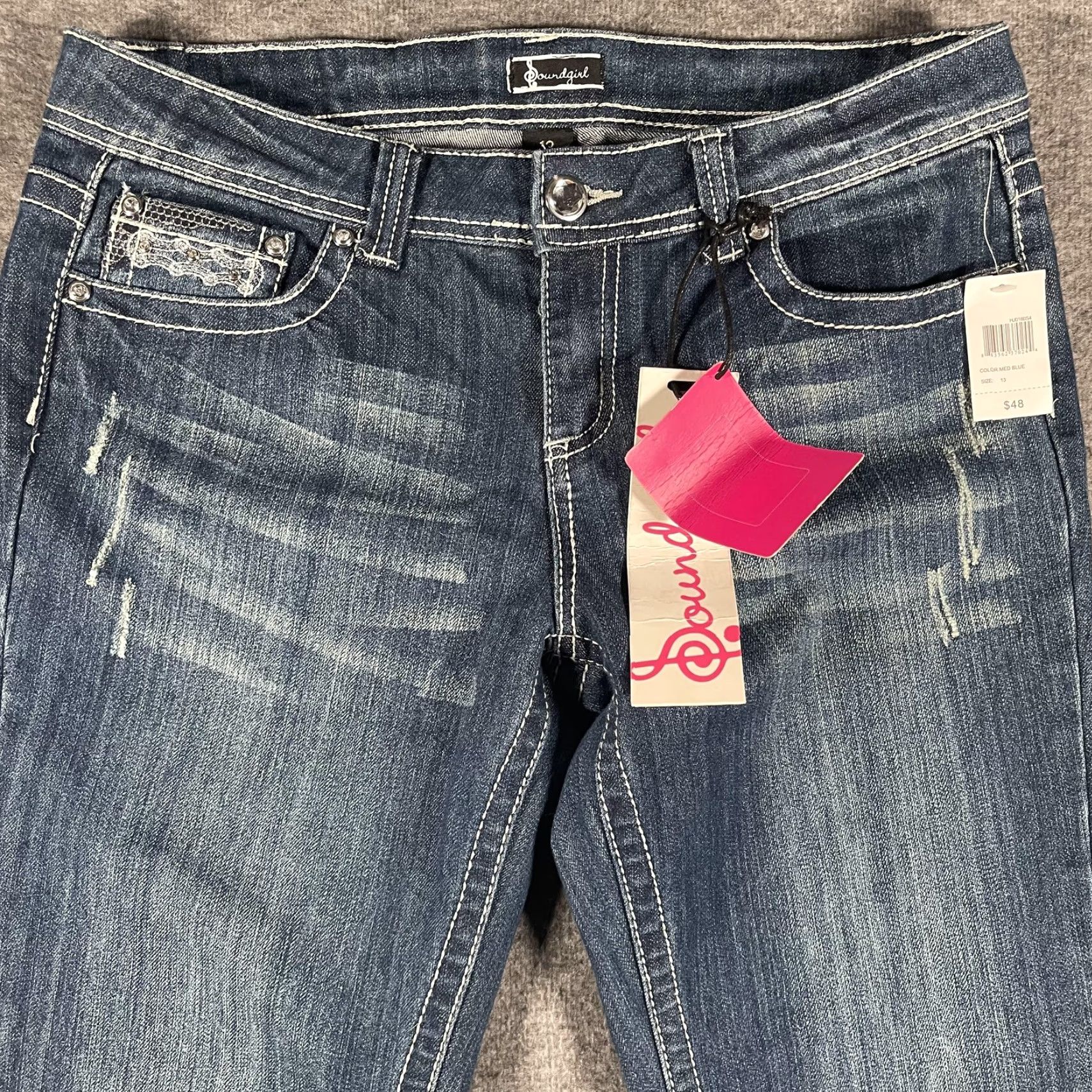 Vintage Soundgirl Jeans Womens 13 Medium Blue Skinny Bootcut Embroidered Rhinestone Embellished Stretch Distressed Pockets Zip Fly Jeans Size 34" / US 12 / IT 48 - 3 Thumbnail