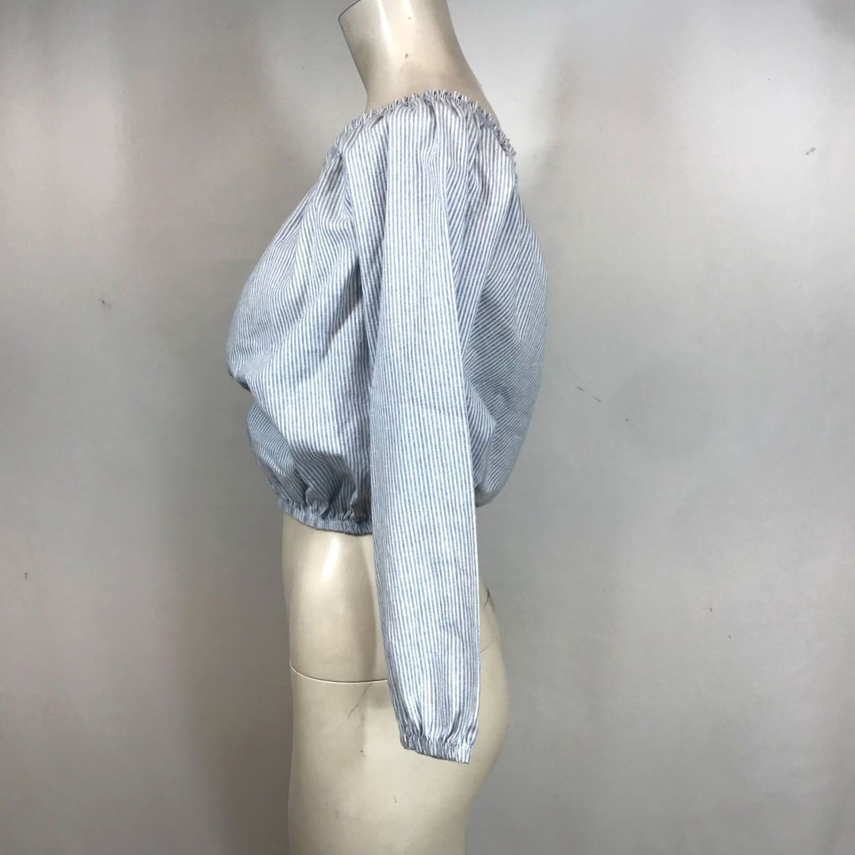 Vintage JOHN GALT Womens M/L Blue/White Stripe Long Sleeve Elastic Crop Top Size M / US 6-8 / IT 42-44 - 6 Thumbnail
