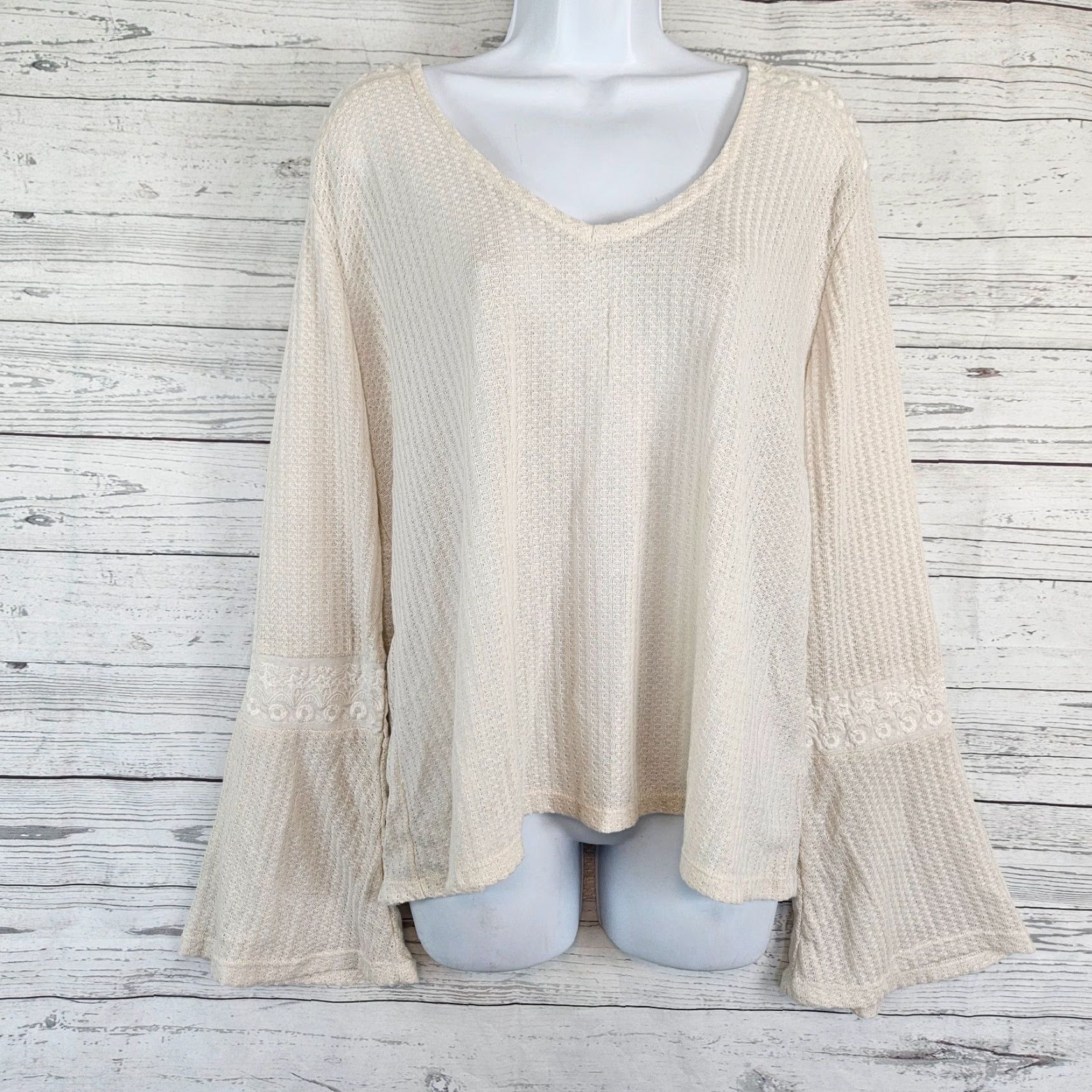 Lucky Brand Lucky Brand Womens Top Waffle Knit Cream 2XL Embroidered V-Neck Pullover Long Sleeve Shirt Size XXL / US 16-18 / IT 52-54 - 2 Thumbnail