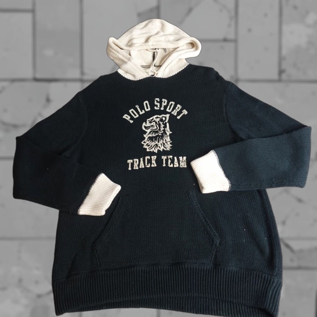 VINTAGE Polo Sport Hoodie Mens 2XL Black Cotton Knit Pullover Hooded Track Team Sweater