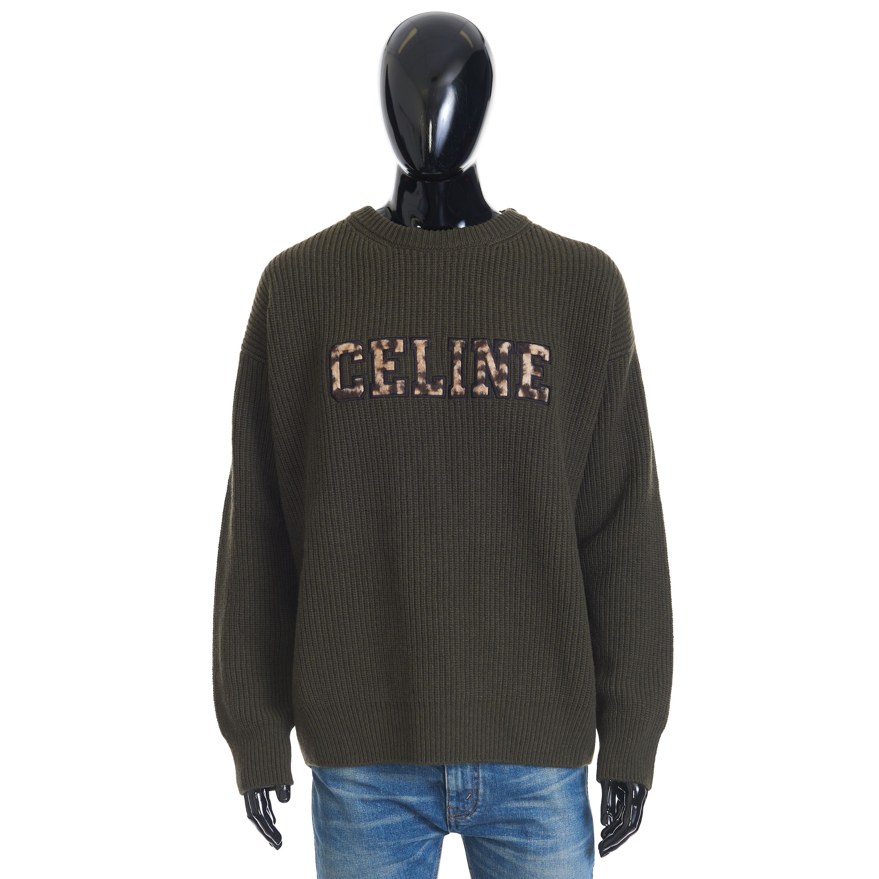 Celine versized Crewneck Sweater In Khaki Ribbed Wool Size US L / EU 52-54 / 3 - 1 Thumbnail