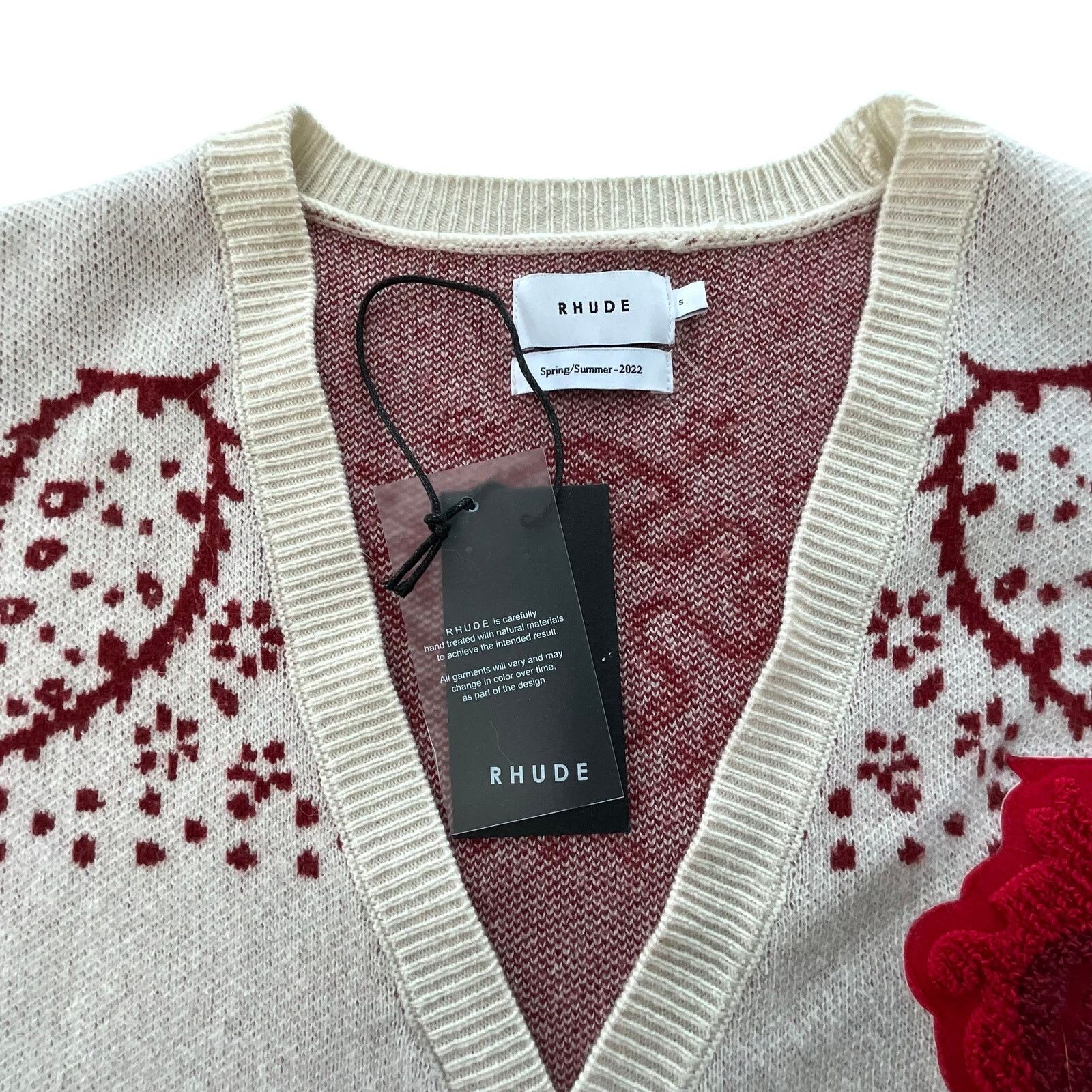 Rhude RHUDE: Men's Cream & Red Wool/Cashmere Cardigan - Small Size US S / EU 44-46 / 1 - 4 Thumbnail