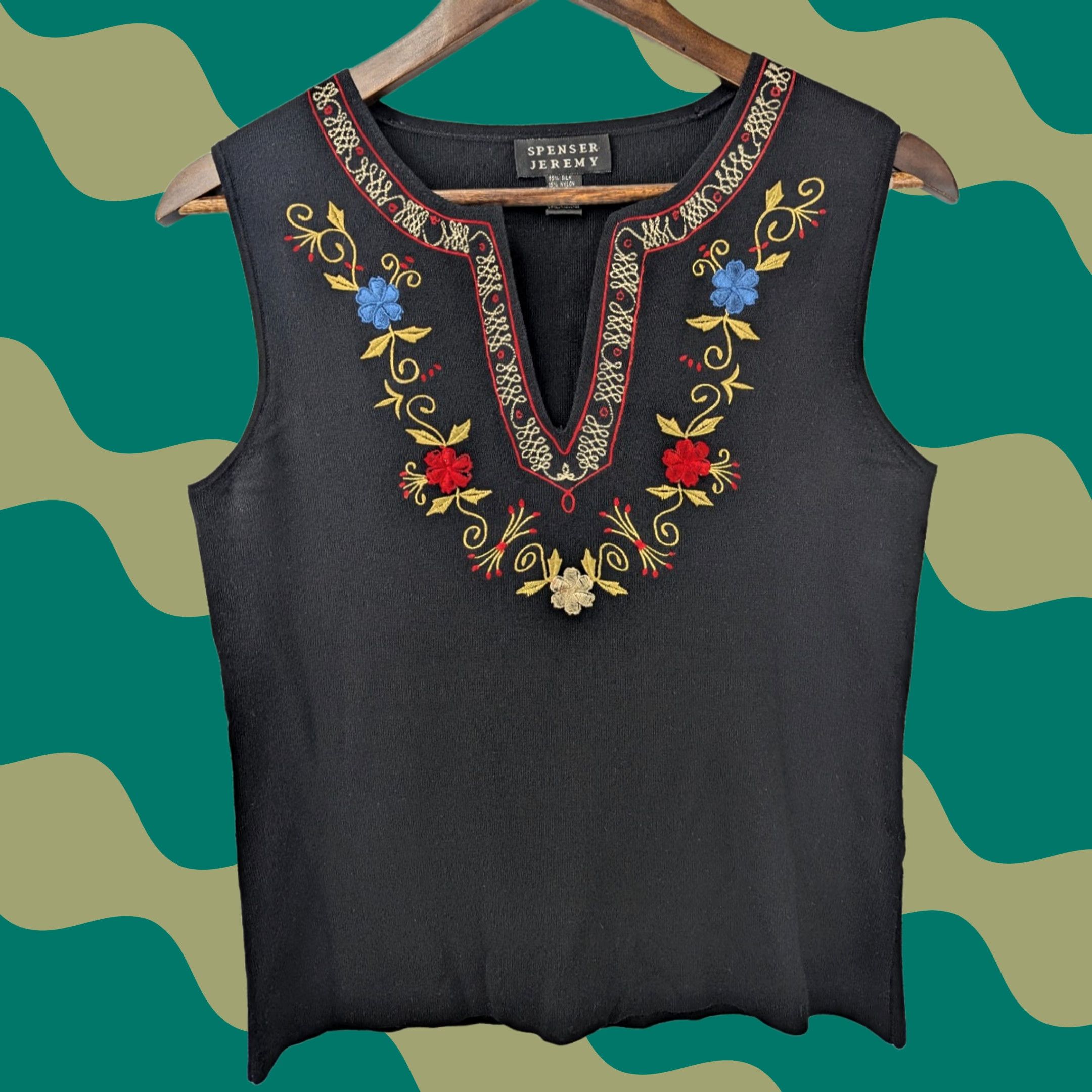 Vintage Spenser Jeremy Floral Embroidered Silk Vest Ribbed V-Neck Black Size L Women Sleeveless Size L / US 10 / IT 46 - 1 Thumbnail