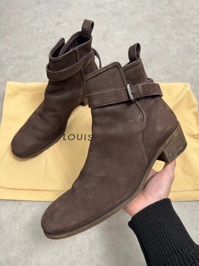 Louis Vuitton Louis Vuitton Taupe Suede Grain Leather Ankle Buckle Strap Boots Size US 10 / EU 43 - 1 Thumbnail