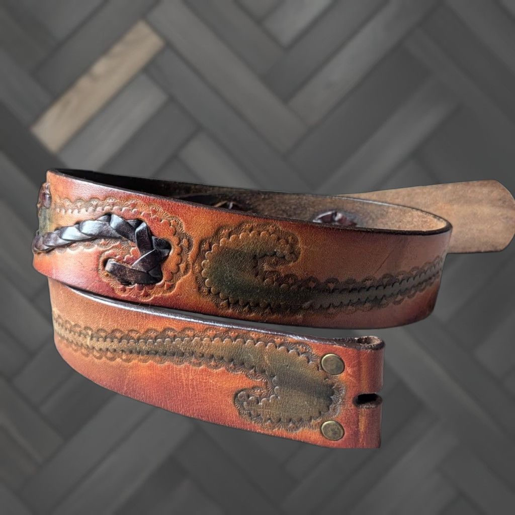 Vintage VINTAGE handmade western belt MEN 32 Brown leather Tooled braided cowhide buckle belt 1-5/8" wide Size 32 Mens Size 32 - 1 Thumbnail