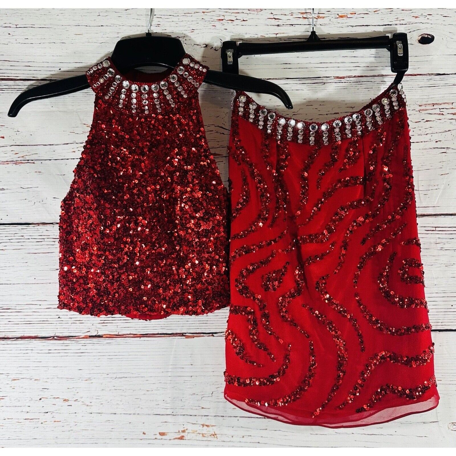 image of Designer Shail K Red Two Piece Sequined Dress Womens Size 2 Prom Form