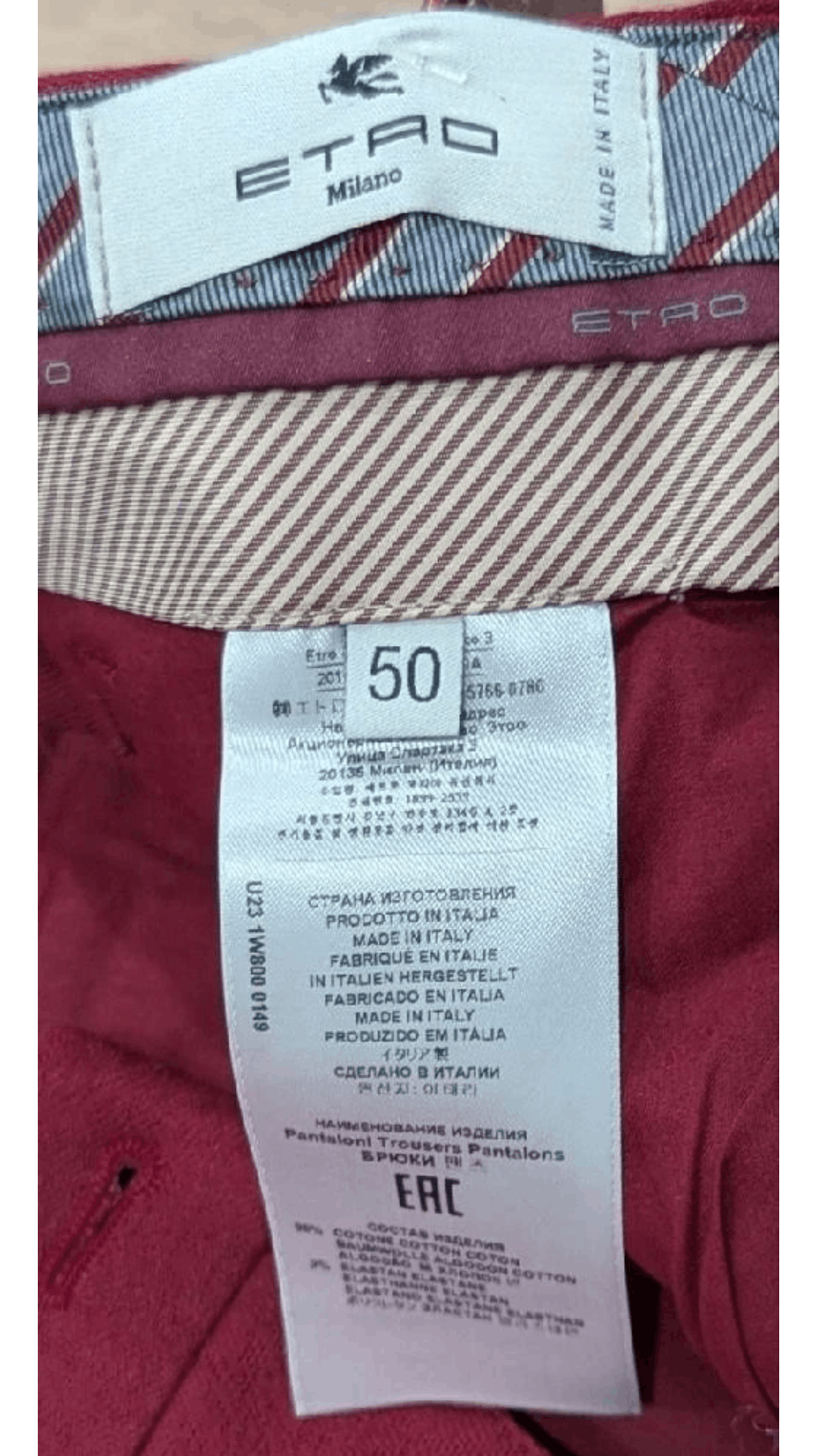 Etro ETRO Stretch Cotton Trousers Dark Red 50 US 34 Size US 34 / EU 50 - 6 Thumbnail