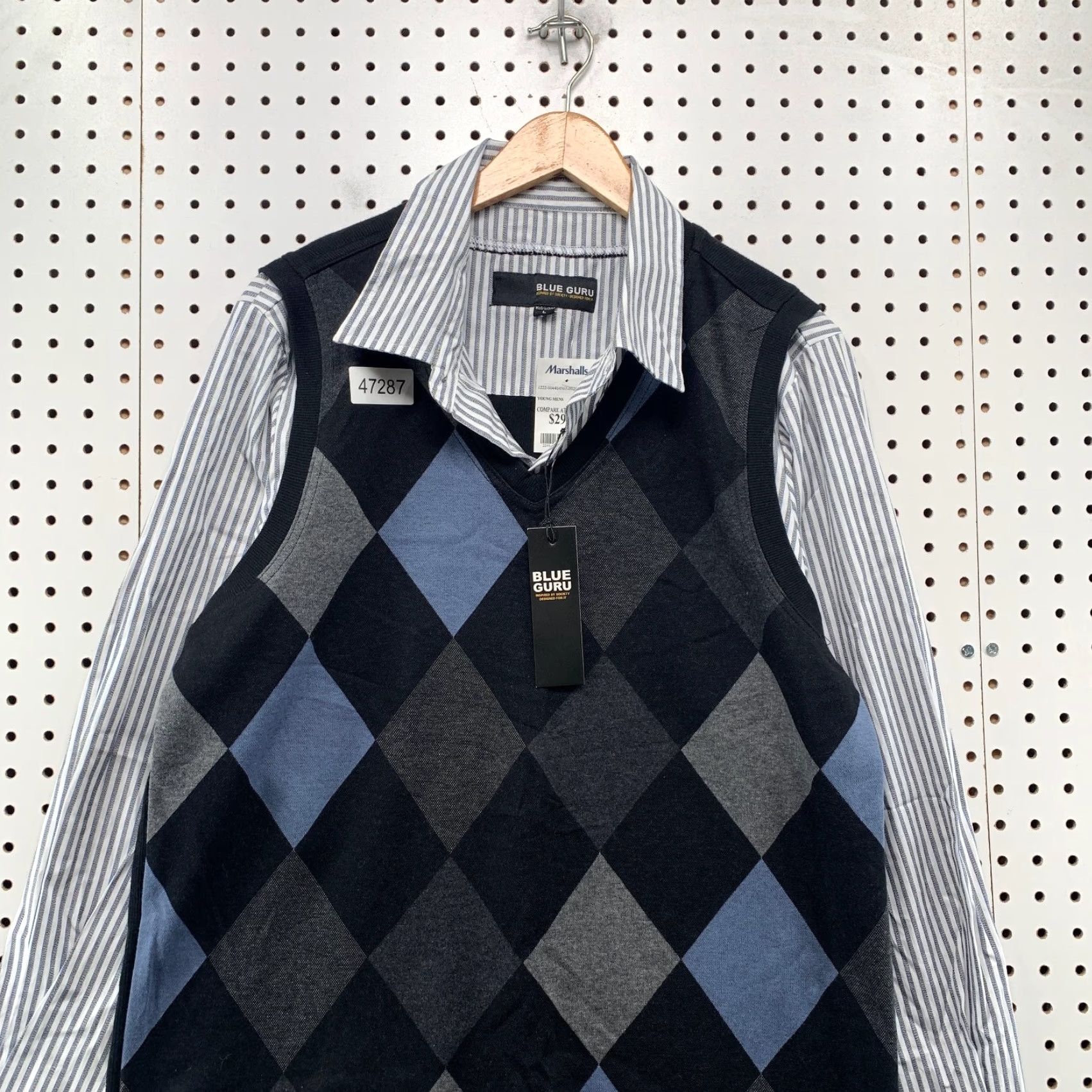 Vintage VINTAGE Blue Guru Argyle Vest Sweater Button Shirt Mens Large Blue School Business Work NWT Size US L / EU 52-54 / 3 - 5 Thumbnail