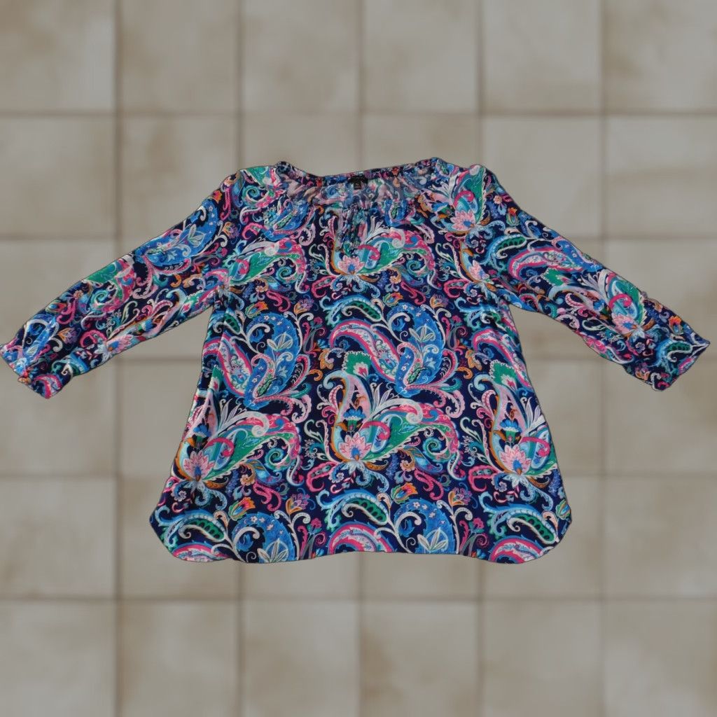 Talbots Talbots Blouse Womens Petite PM Multicolor Paisley 3/4 Sleeve Rayon Top Crew Neck Casual Ladies Regular Blue Links: None Size M / US 6-8 / IT 42-44 - 1 Thumbnail