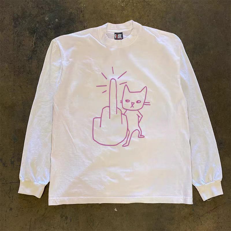Vintage White Casual Retro Long-Sleeve T-Shirt with Cat Print Size US M / EU 48-50 / 2 - 1 Thumbnail