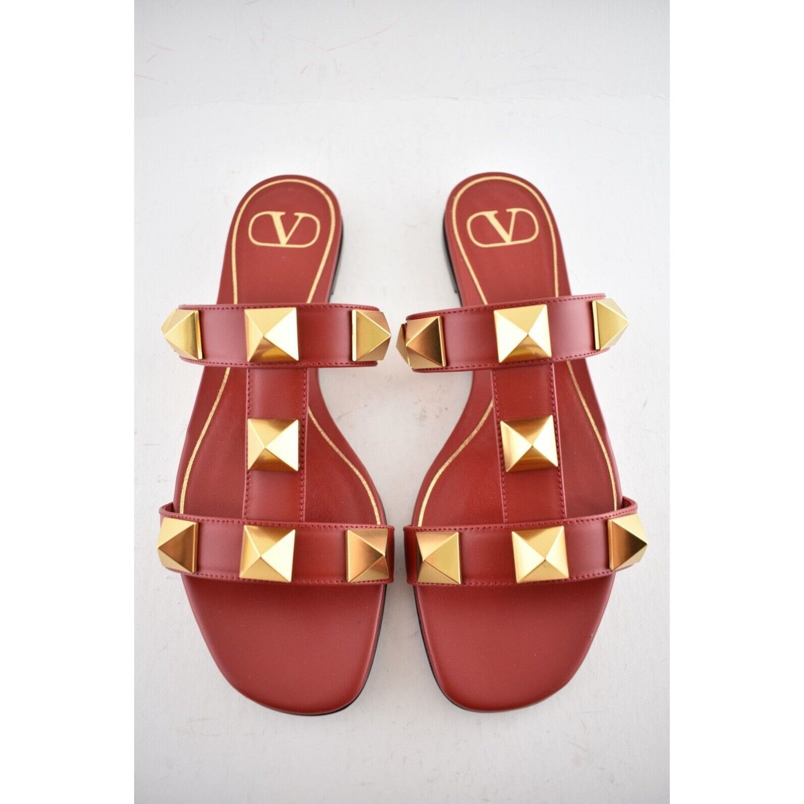 Valentino Valentino Rockstud Roman Stud Gold Red Leather Slide Slip On Size US 7 / IT 37 - 6 Thumbnail