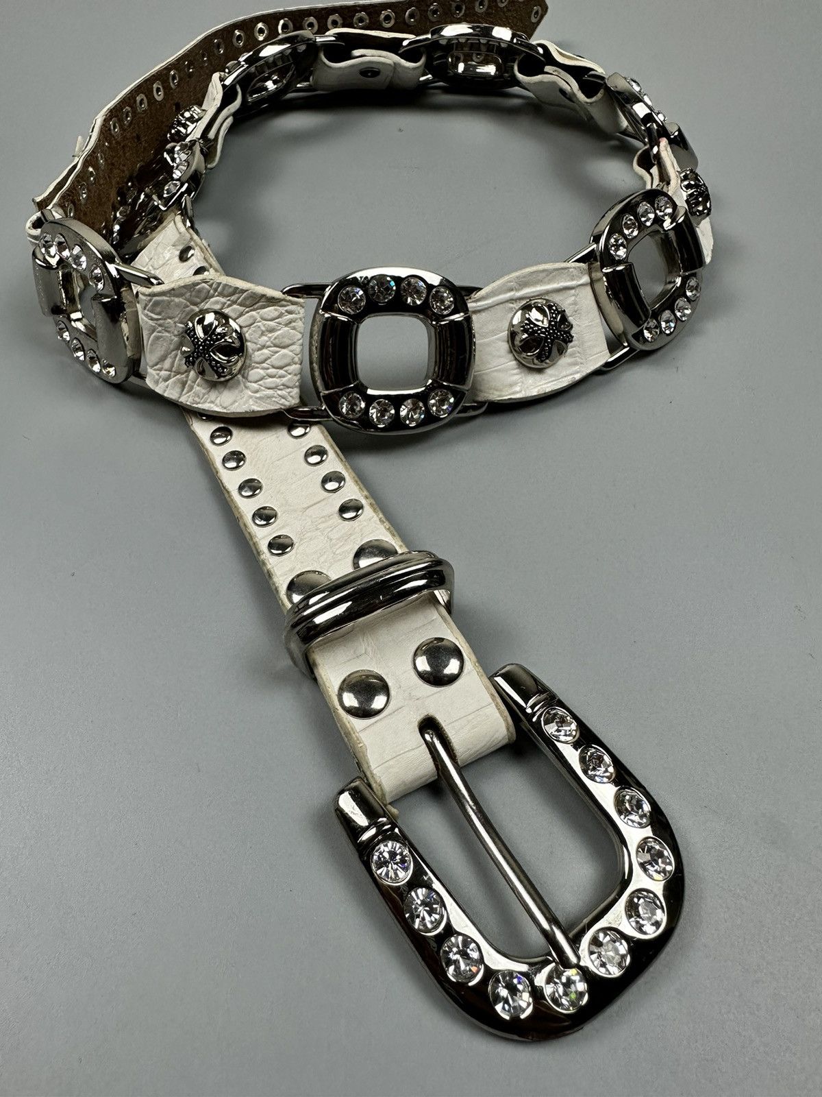 If Six Was Nine Rare Chrome Hearts Inspired White Leather Diamond Studs Belt Size 34 - 14 Thumbnail