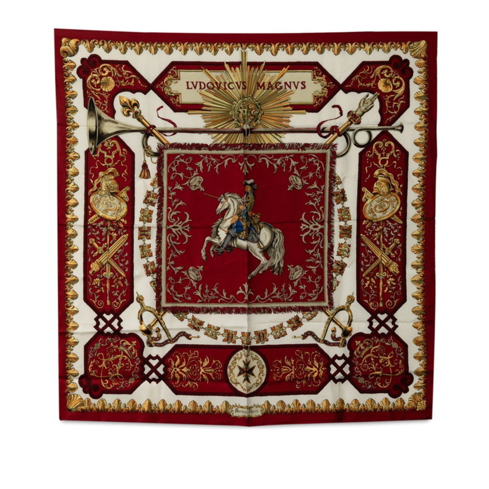 image of Hermes Carre 90 Lvdovicvs Magnvs Louis Xiv On A White Horse Scarf Muffler Wine Red Multicolor Silk 