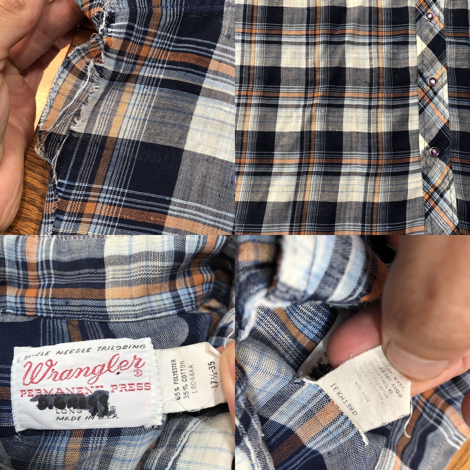 Wrangler VTG Wrangler Shirt 17.5 Blue Plaid Pearl Snap Permanent Press Long Sleeve Pocket Western Cowboys American 70s 80s Vintage Men Size US XXL / EU 58 / 5 - 8 Thumbnail