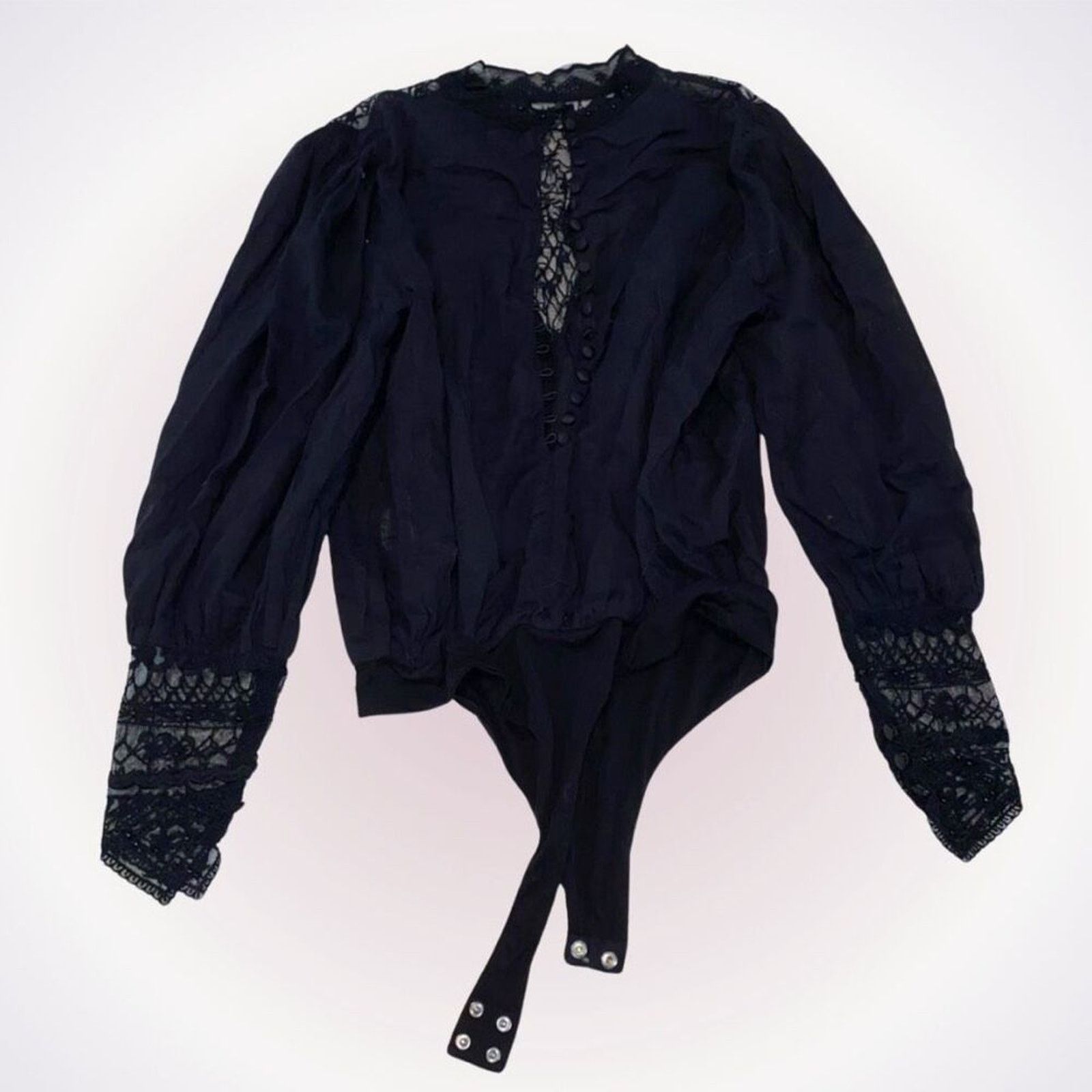 Retrofete Retrofete black long sleeve lace bodysuit | Sz S Size S / US 4 / IT 40 - 1 Thumbnail