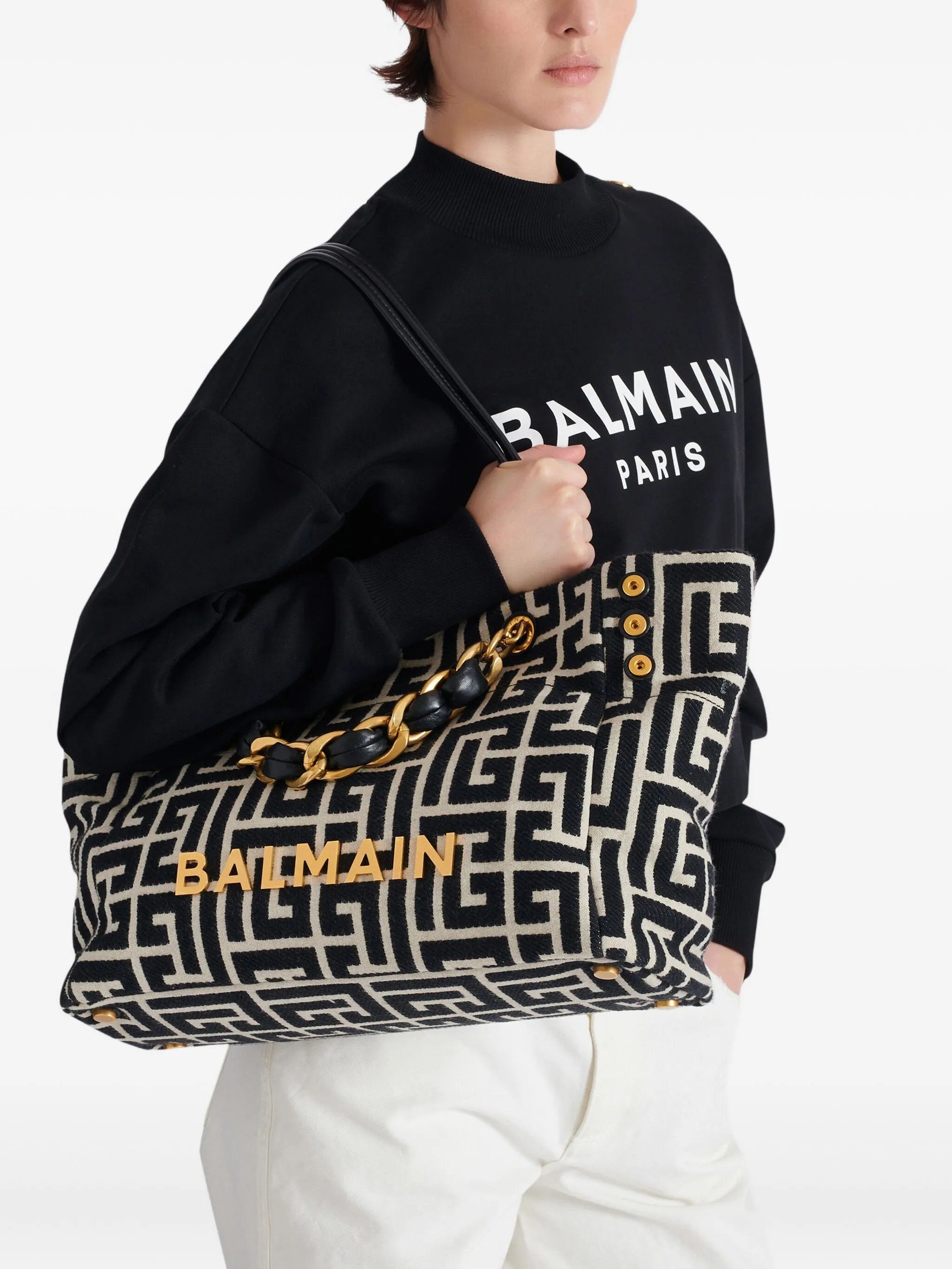 Balmain o1mt1gz0326 Size: OS / Logo Plaque Tote Bag in Black/White Size ONE SIZE - 3 Thumbnail