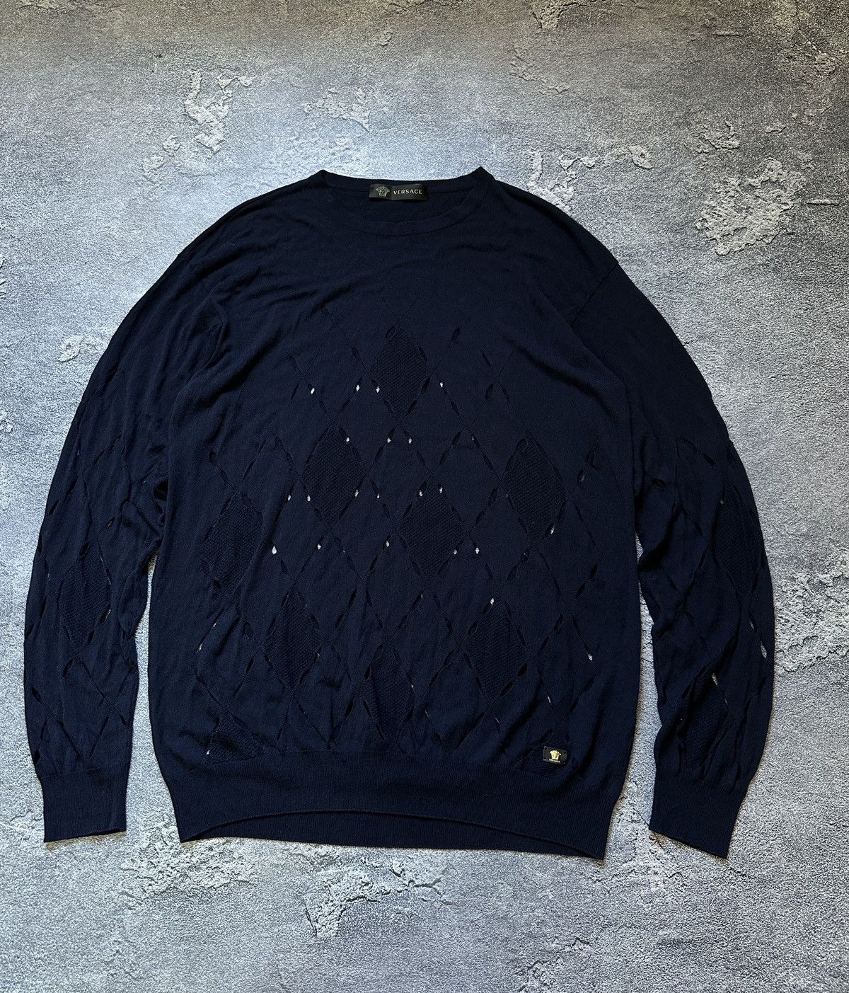 Versace Versace Navy Laser-Cut Diamond Knit Sweater XL Made in Italy Size US XL / EU 56 / 4 - 2 Thumbnail