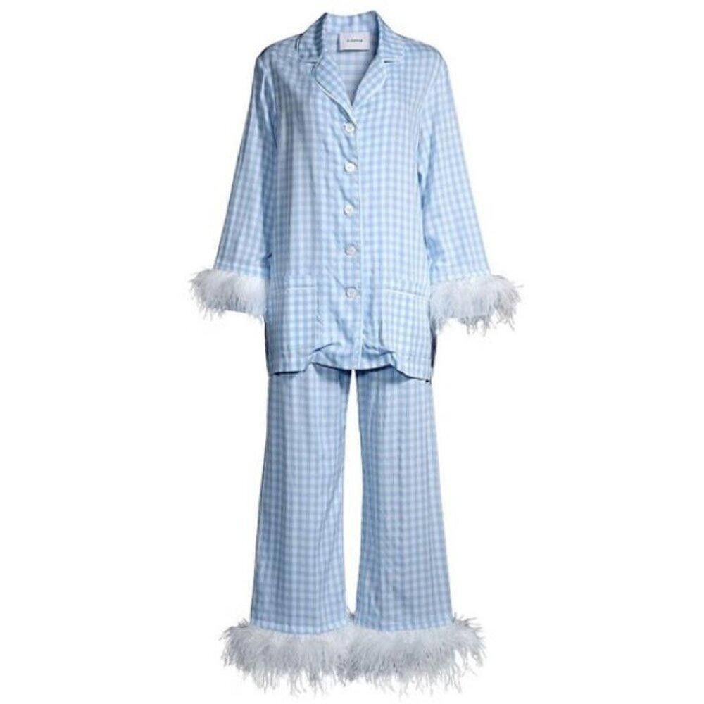 Designer NWT Sleeper 2-Piece Blue Gingham Ostrich Feather Pajamas Size 28" / US 6 / IT 42 - 1 Preview
