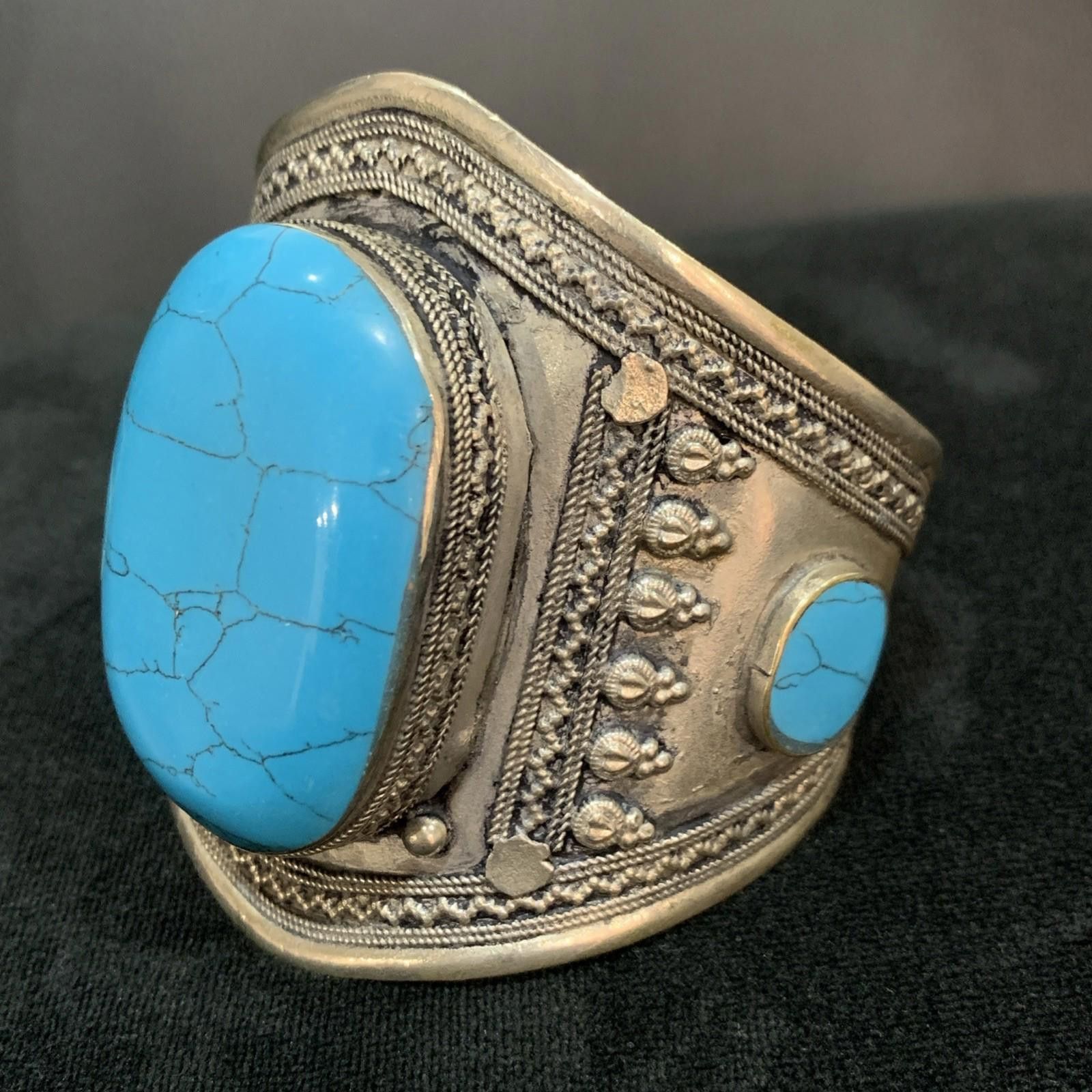 Other Vintage Afghani Silver Handmade Adjustable Bangle Turquoise Size ONE SIZE - 1 Thumbnail