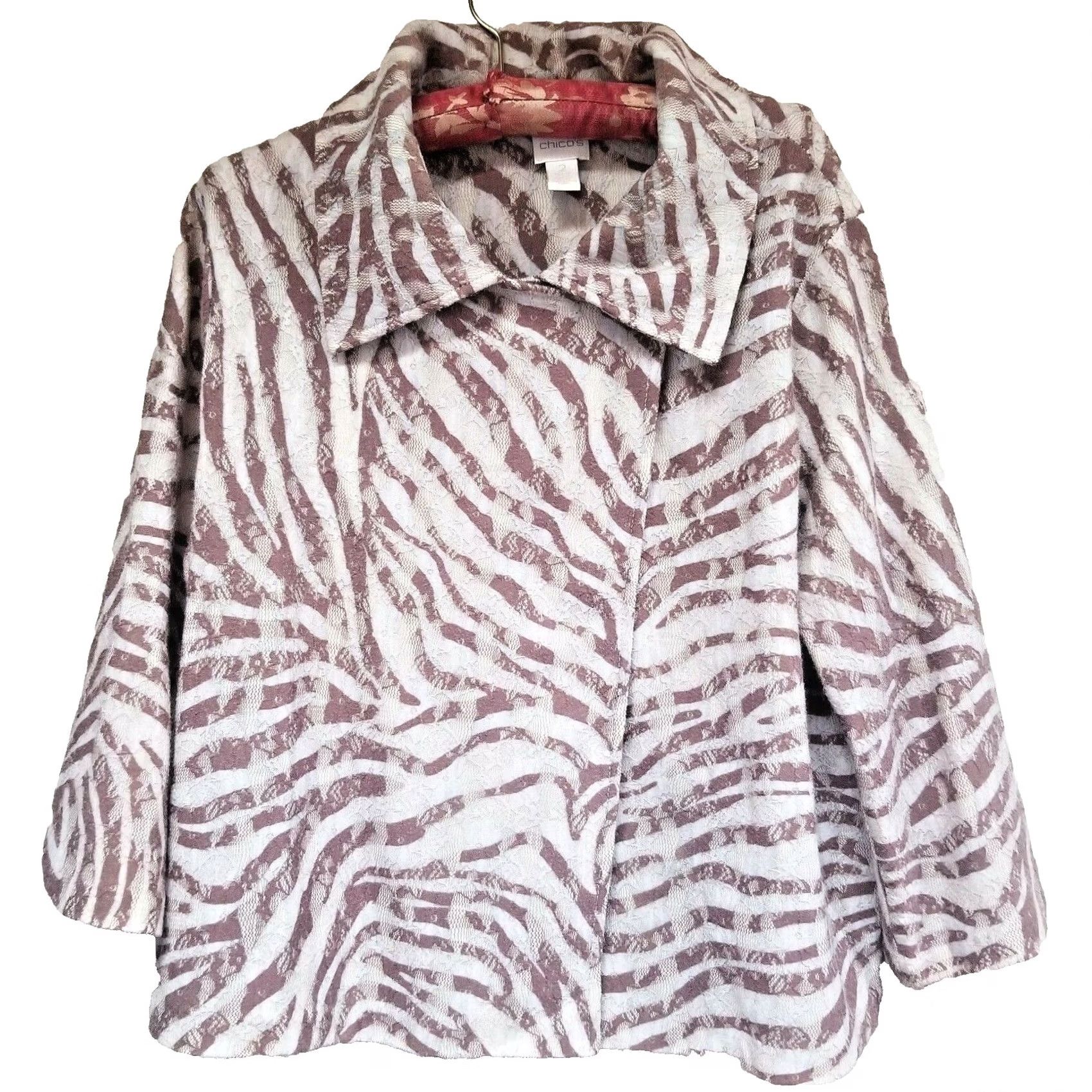 Vintage Chico's Womens Wrap Front Blazer Jacket Lace Knitted Animal Print Beige Brown Blazer Women Open Front Regular Size 2 White Beige Size XS / US 0-2 / IT 36-38 - 2 Thumbnail