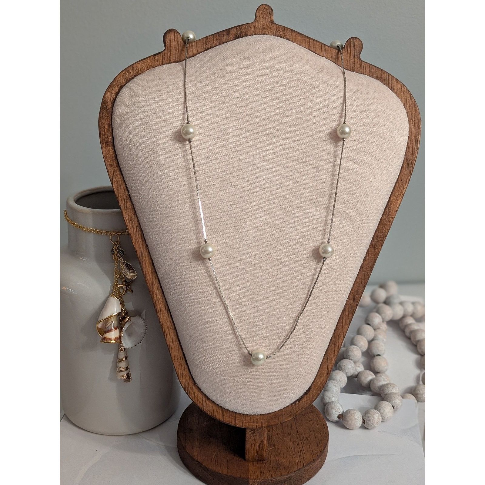 Vintage VTG 1980s Silver-Tone 30" Faux Pearl Station Chain Necklace Size ONE SIZE - 1 Thumbnail