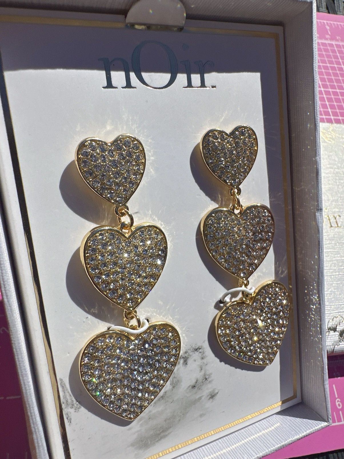 Designer Noir earrings gold tone diamond paved hearts drops tassels Size ONE SIZE - 4 Thumbnail