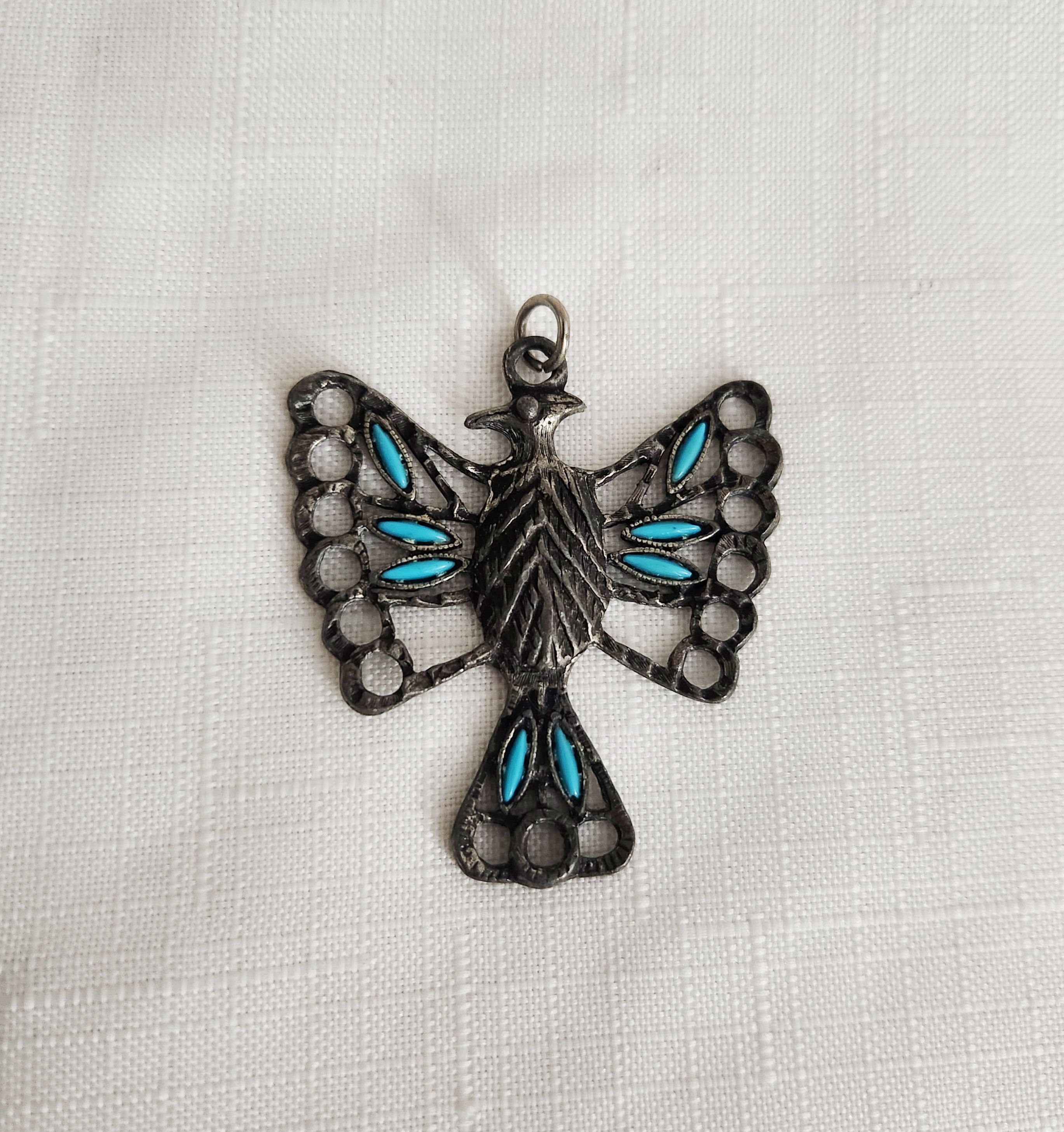 Vintage Pewter Pendant Showing an Eagle Accent Needlepoint Turquoise Size ONE SIZE - 1 Thumbnail