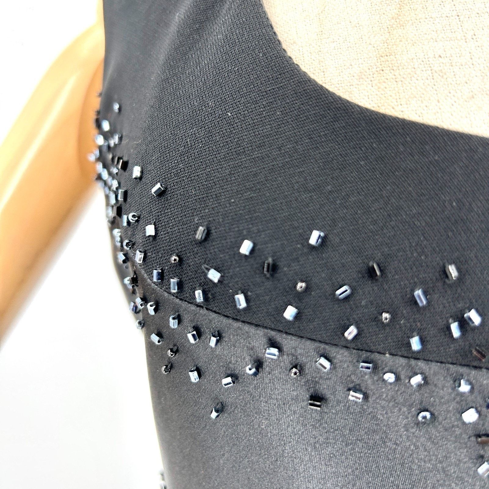 Evan Picone Vintage 90s Black Beaded Satin Trim Cocktail Midi Dress Size M / US 6-8 / IT 42-44 - 4 Thumbnail