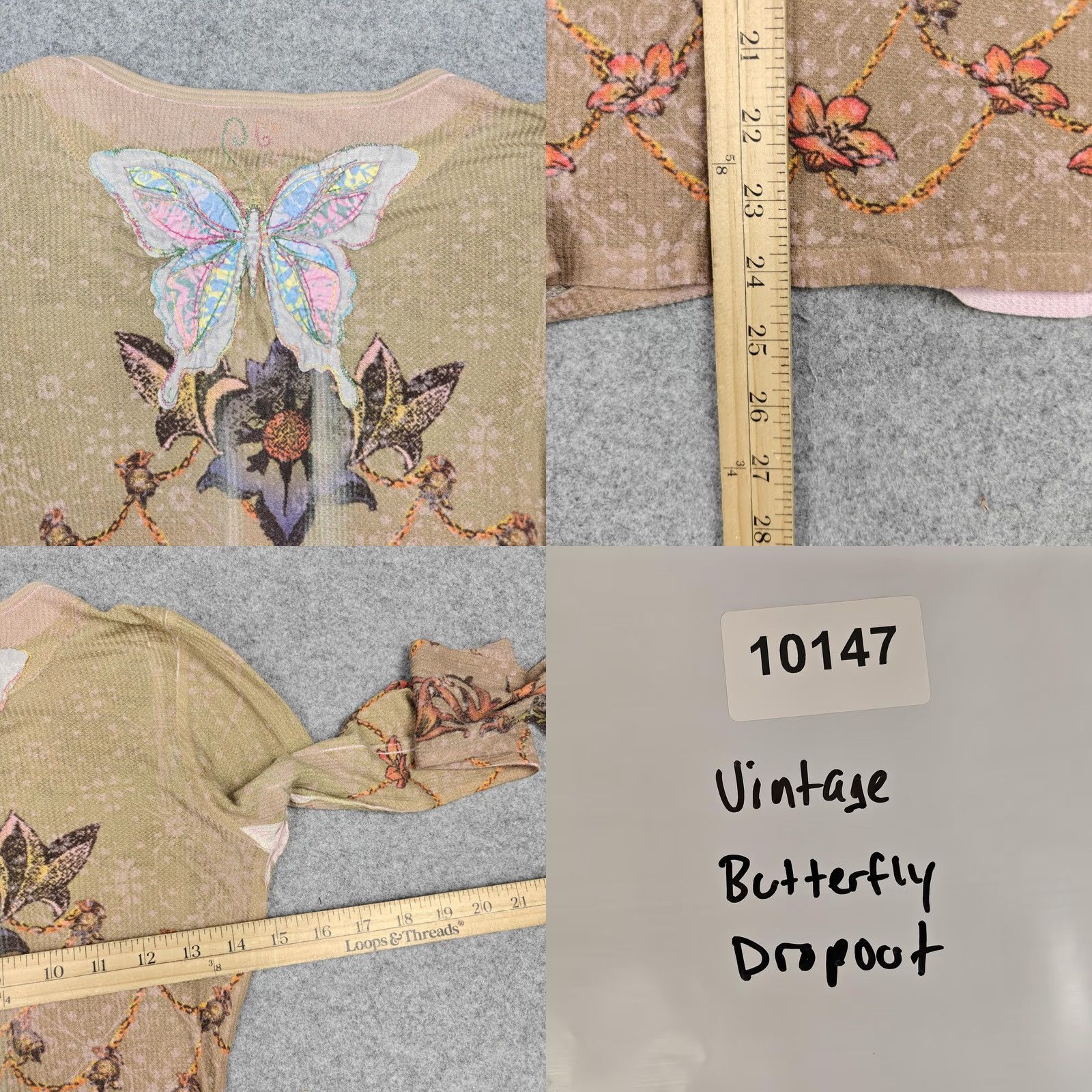 Vintage VINTAGE Butterfly Shirt Womens Small Beige Floral Henley Top Print Y2K Dropout Size S / US 4 / IT 40 - 8 Thumbnail