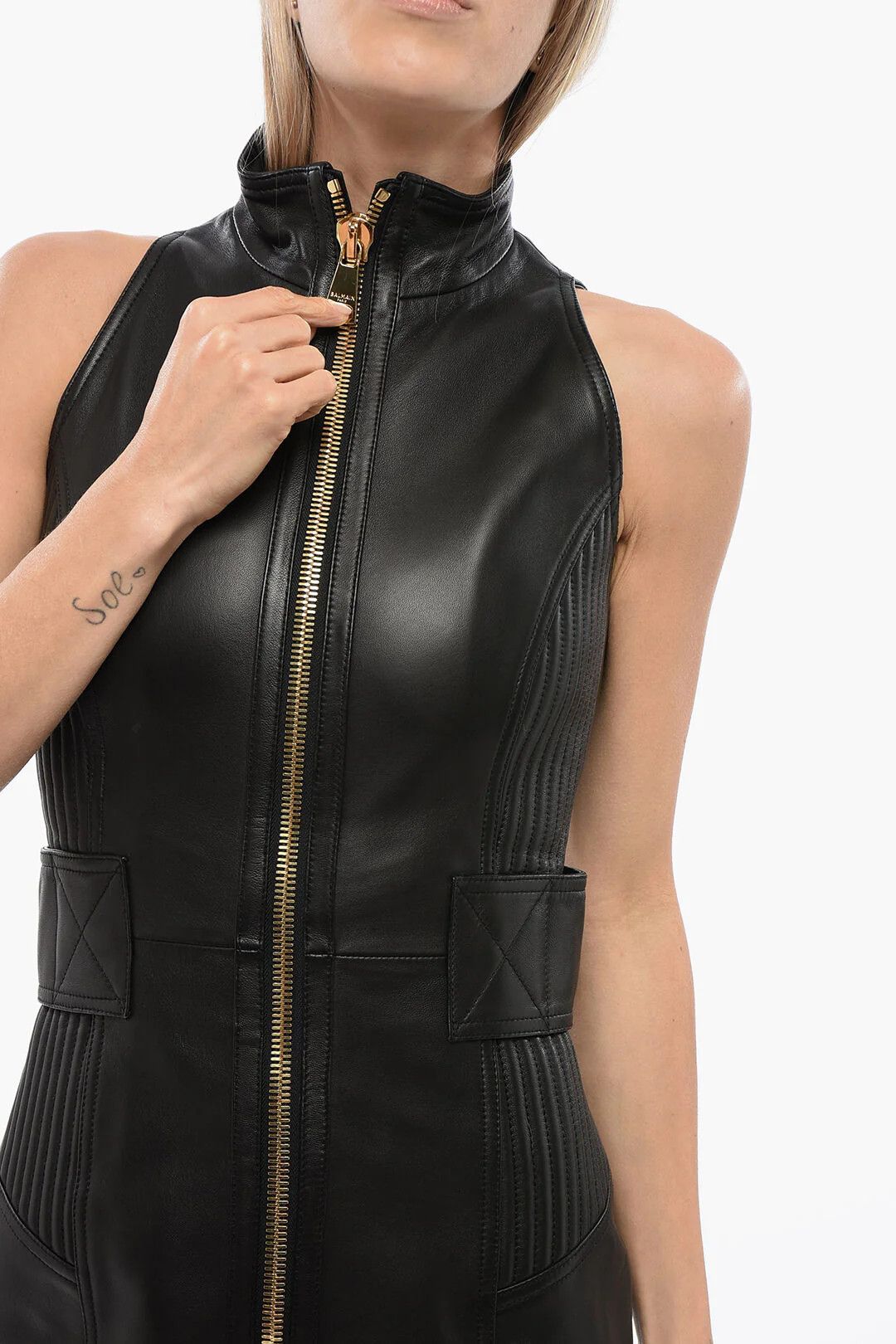 Balmain og1mm0326 Leather Halterneck Dress in Black Size M / US 6-8 / IT 42-44 - 3 Thumbnail