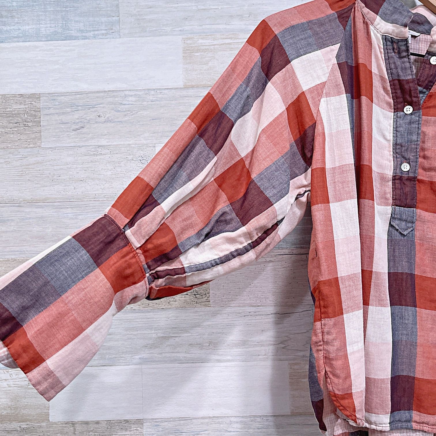 Joie JOIE Dia Plaid Henley Double Cloth Top Brown Orange 3/4 XS Size XS / US 0-2 / IT 36-38 - 3 Thumbnail