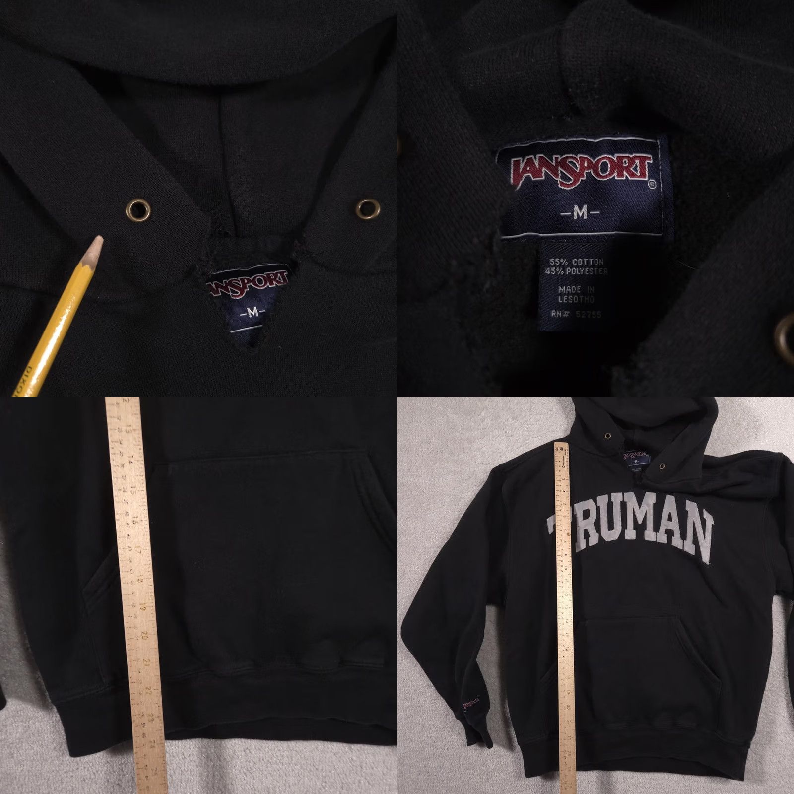 Jansport JanSport Truman Hoodie Mens M Black Pullover Fleece College Graphic Print Embroidered Logo Kangaroo Pocket Slim Fit Size US M / EU 48-50 / 2 - 8 Thumbnail