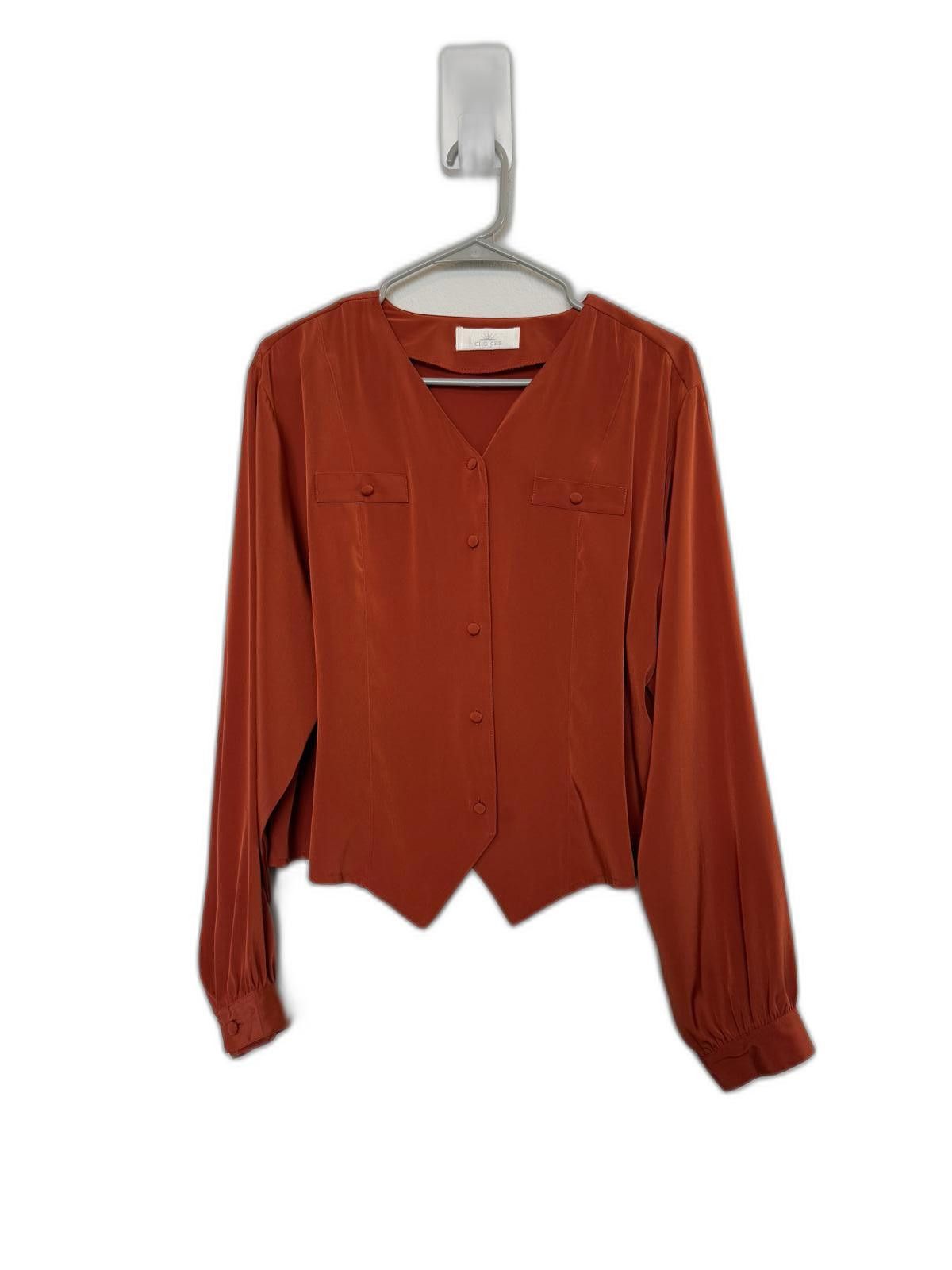 Designer Vintage 80s 90s silk dark orange women crop blouse. Size XL / US 12-14 / IT 48-50 - 2 Thumbnail