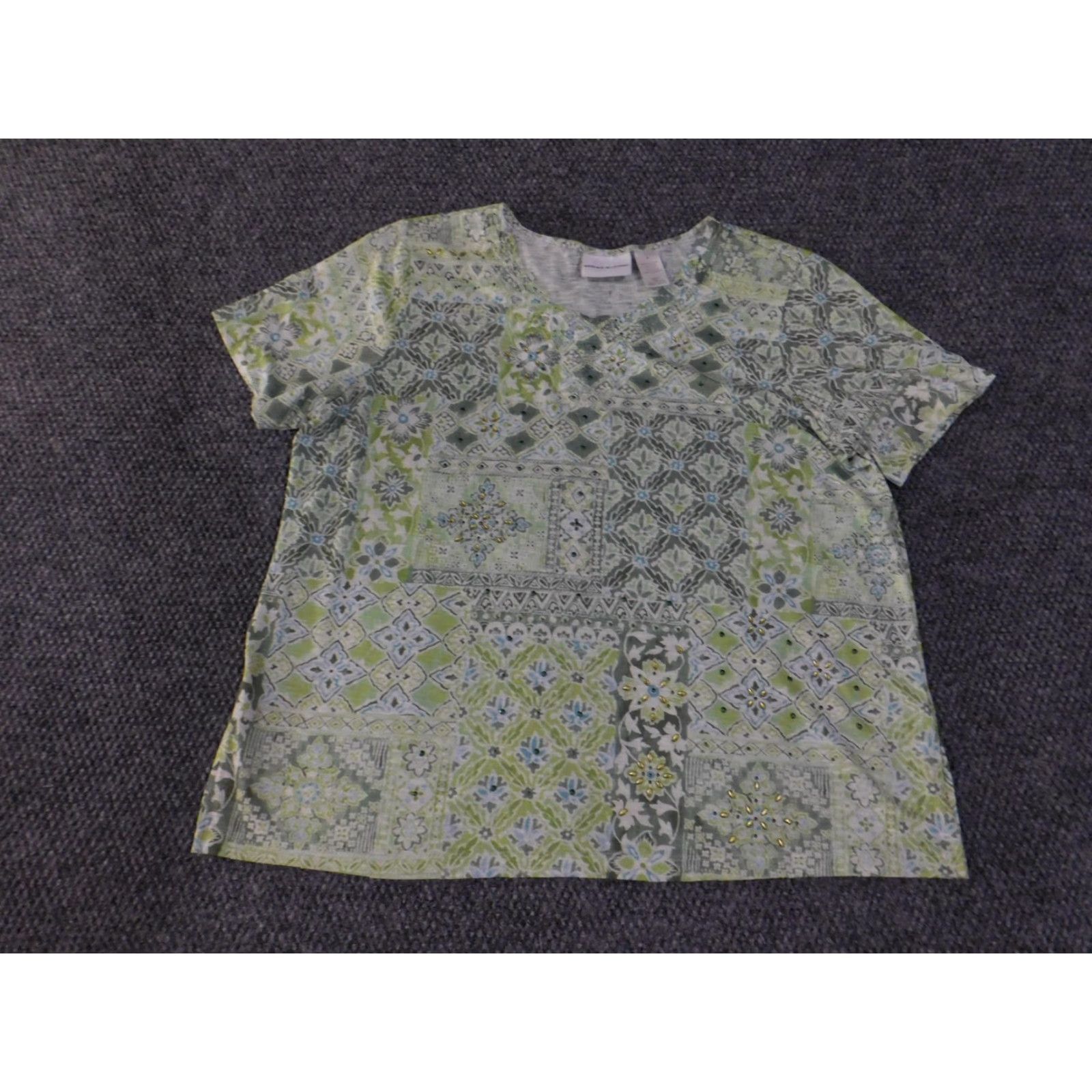 Vintage Alfred Dunner Shirt Womens Large Green Blue Patchwork Short Sleeve Rhinestone Size L / US 10 / IT 46 - 3 Thumbnail