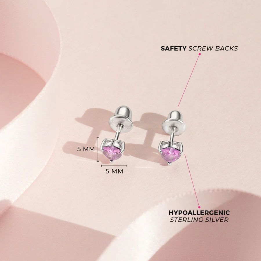 Other CZ Heart Solitaire 4mm Pink Earrings - Sterling Silver Size ONE SIZE - 2 Thumbnail