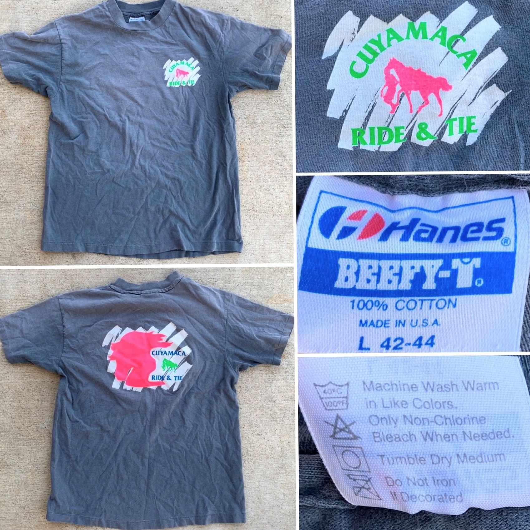 Hanes VINTAGE Hanes Cuyamaca Ride & Tie T Shirt Graphic Tee 80s 90s L Mens Gray Neon Graphics Back Front Size US L / EU 52-54 / 3 - 2 Thumbnail