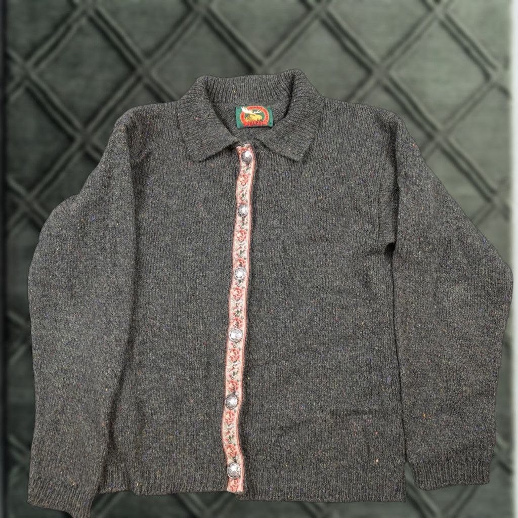 Vintage Alps Cardigan Sweater Womens Small Gray Knit Floral Trim Button Front Collar Size M / US 6-8 / IT 42-44 - 1 Thumbnail