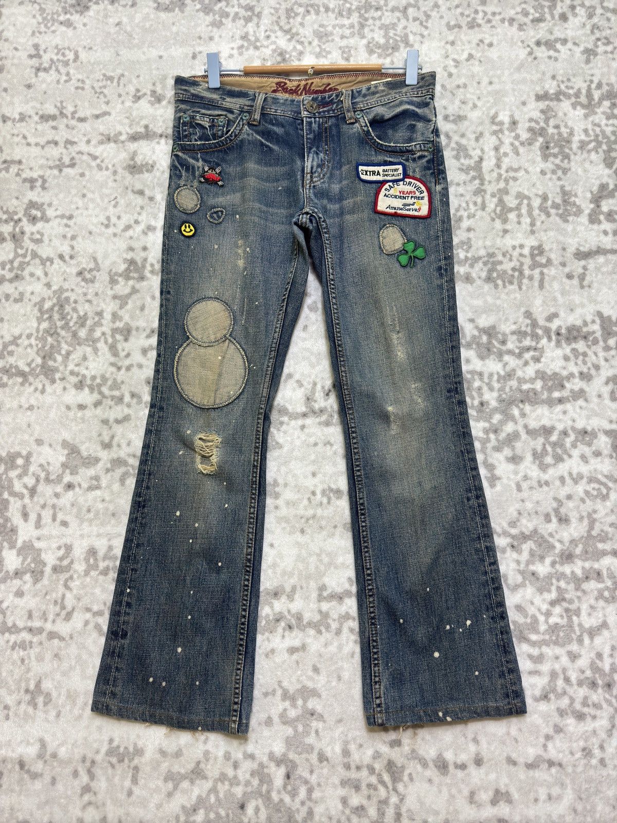 Japanese Brand Vintage BACK NUMBER Flare Distressed Low Raise Patches Denim Size US 29 - 1 Thumbnail