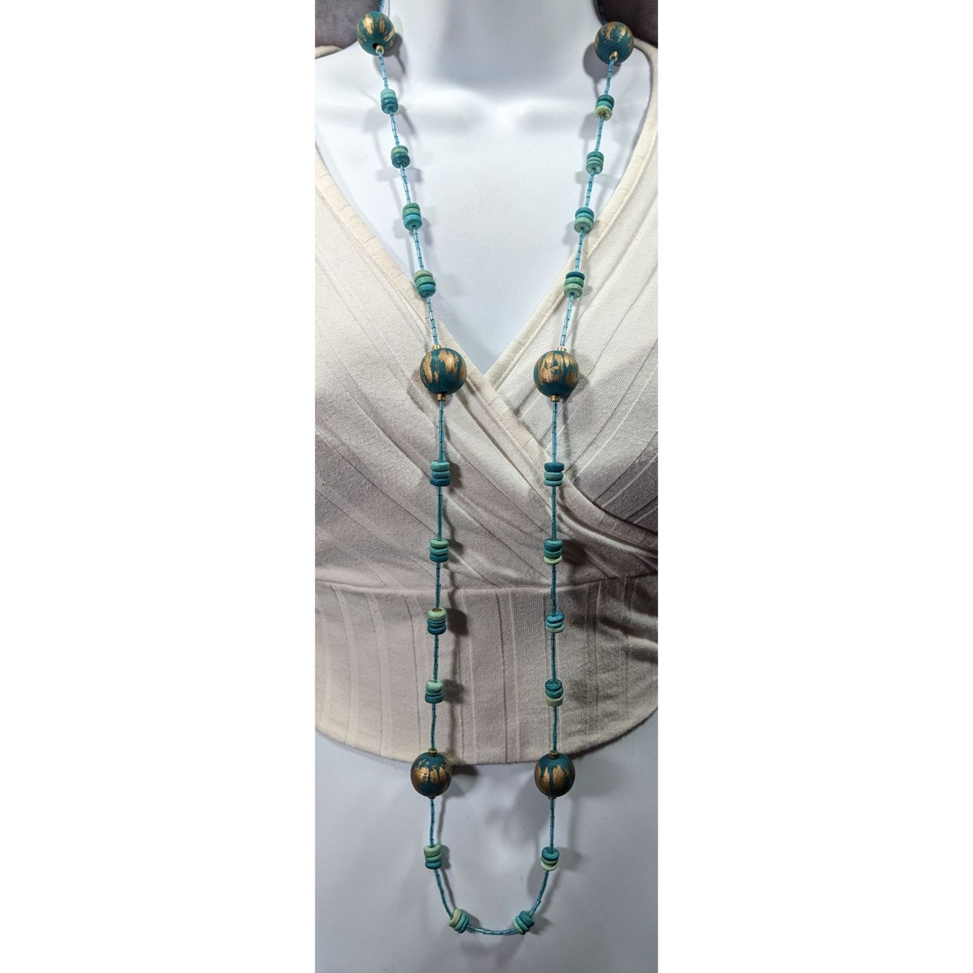 Other Blue And Gold Tone Wood And Glass Beaded Fantasy Necklace Size ONE SIZE - 2 Thumbnail