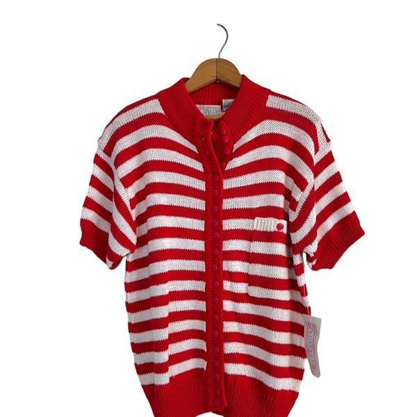 Vintage Vintage red white stripe 80’s cotton blend button up sweater Size L / US 10 / IT 46 - 2 Thumbnail