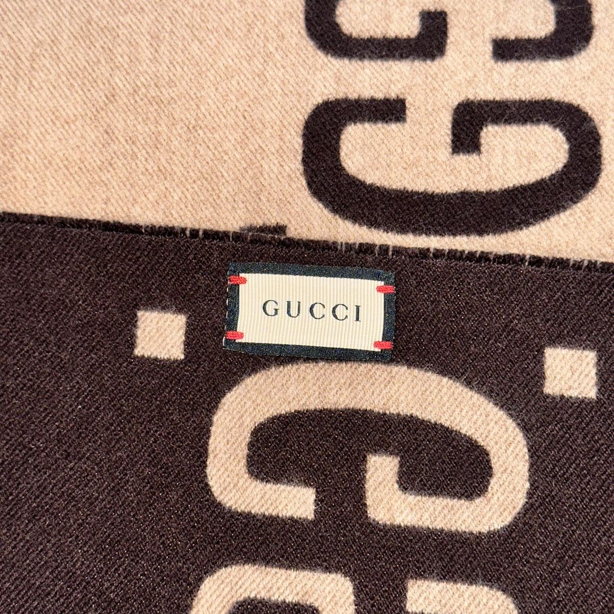 Gucci BROWN TAN GG JACQUARD WOOL SILK SCARF Size ONE SIZE - 3 Thumbnail