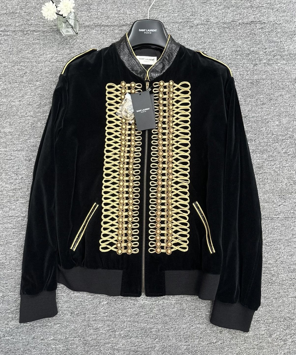 Saint laurent black velvet hotsell military teddy bomber jacket