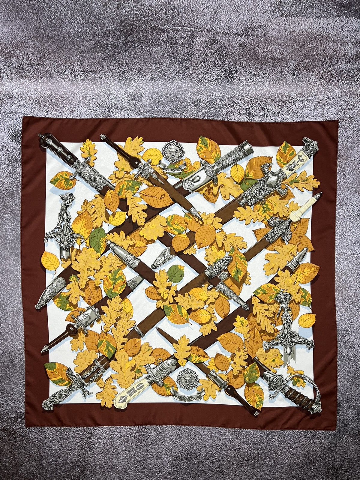 image of 90's Hermes Scarf "au Plus Dru” Vladimir Rybaltchenko Silk in Brown, Women's