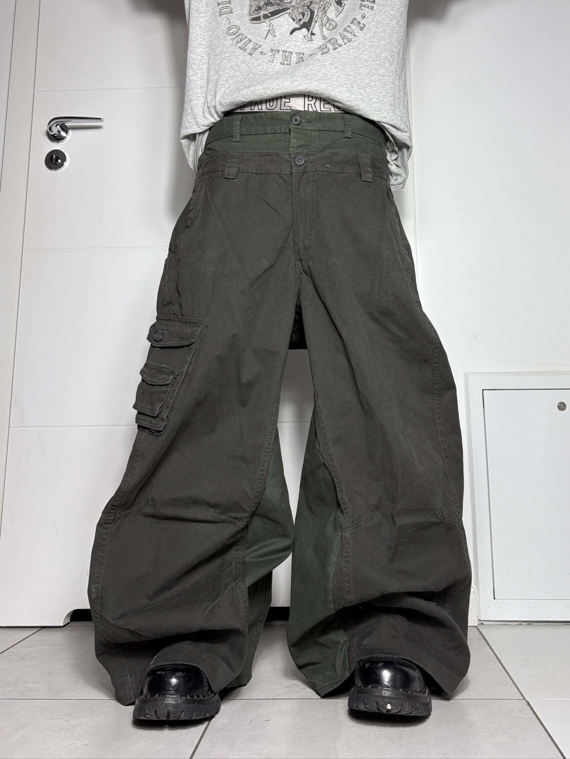 Japanese Brand Dark Green Wide Double Waist Cargo Pants – Handmade Baggy Size US 33 - 1 Thumbnail