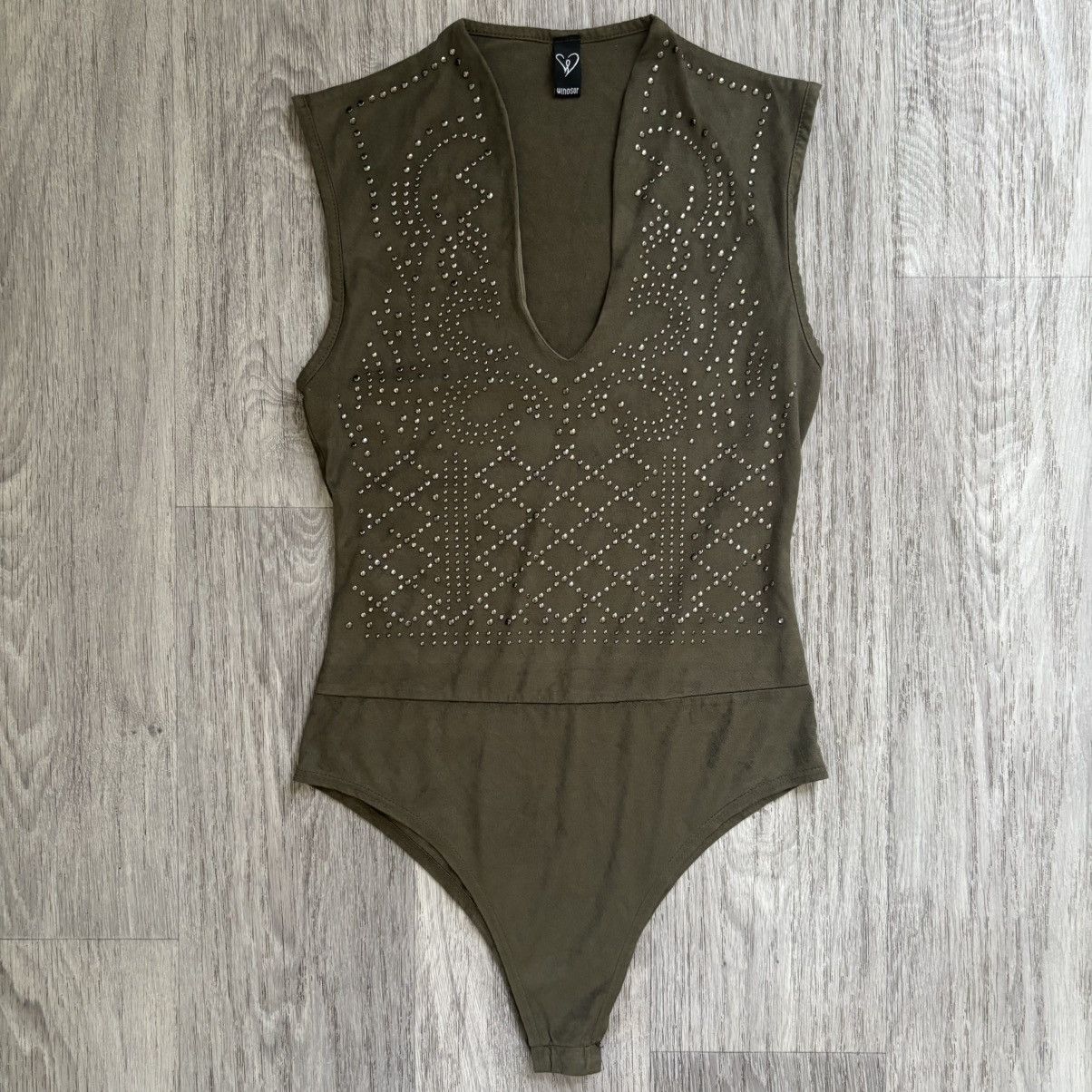 Other Windsor Army Green Studded Bodysuit Faux Suede V neck large Size L / US 10 / IT 46 - 1 Thumbnail