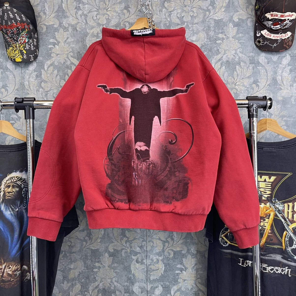 Image of Vintage Y2K Heavy Hardcore Hoodie Tribal Death in Red, Men's (Size XL)